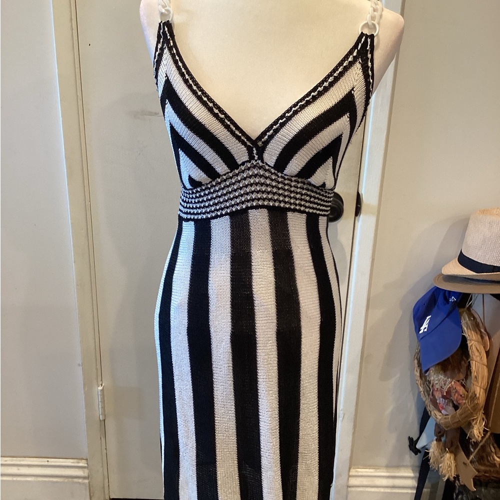 Guess Crochet Black and White Striped Midi Dress